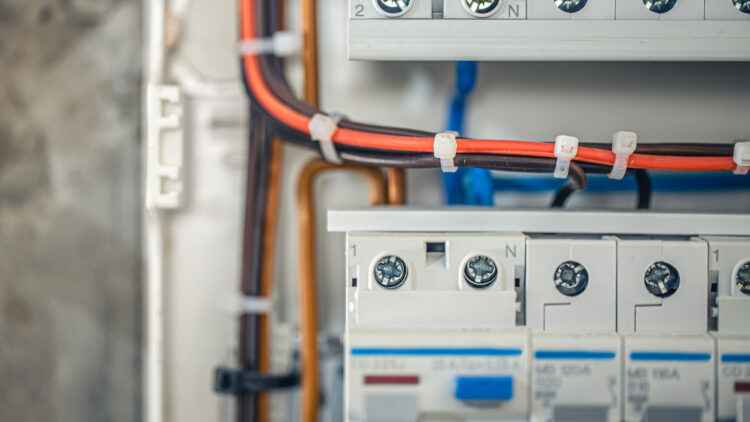 Close-up of an electrical breaker panel with red and black wires tied by white zip ties and labeled terminals (N) and numbered positions.
