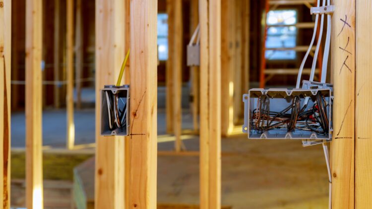 Wood framing with exposed studs and hanging electrical wires in a building under construction, showing junction boxes on the studs, construction site.