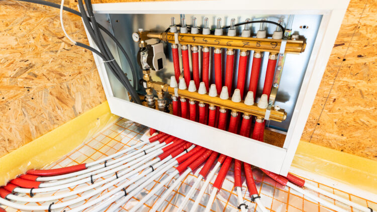 Industrial hydraulic manifold inside an open metal cabinet with brass fittings and many red and white insulated hoses connected to timing valves.